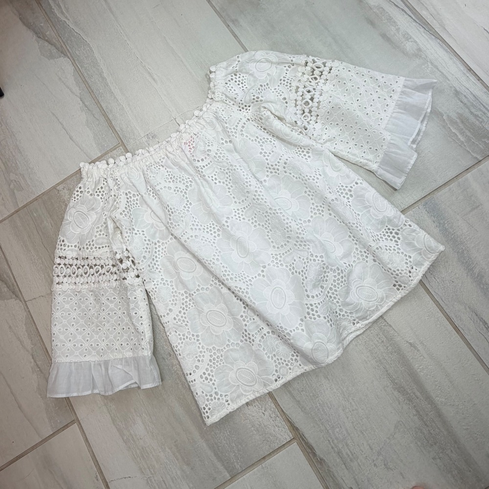 Lilly Pulitzer White Cotton Eyelet Off The Shoulder Bell Sleeve Blouse XS